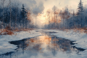 Fototapeta premium winter landscape with frozen river surrounded by snow-covered trees and bushes. 