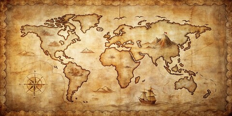 Fototapeta premium Antique World Map Showing Sailing Vessel and Mountain Peak