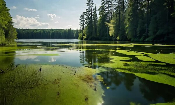 Polluted Lake With Thick Algae Growth
