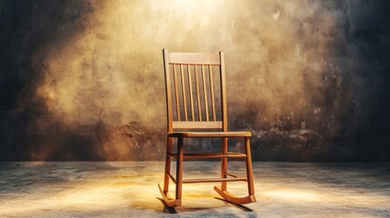 Woodwork carpentry mahogany conceptual. A solitary wooden rocking chair illuminated by soft light against a textured backdrop, creating a serene and contemplative atmosphere.