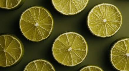 Fototapeta premium Fresh lime halves arranged on a dark surface, showcasing vibrant colors and textures.