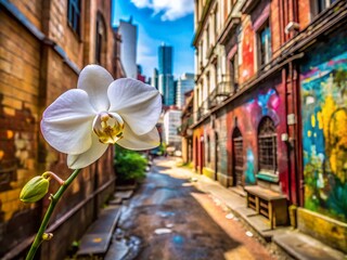 Fototapeta premium Stunning Urban Exploration Photography of a White Orchid Flower with Vanilla Bean Stem Against a Gritty City Backdrop Highlighting Nature's Beauty Amidst Urban Chaos