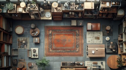 Vintage Studio Apartment Overhead View Rustic Decor Wooden Furniture Oriental Rug