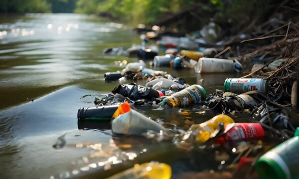Polluted River With Floating Cans and Plastic Trash