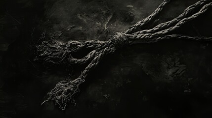 An aged, frayed cable laying in disarray, illuminated to highlight texture and detail against a pitch-black canvas.