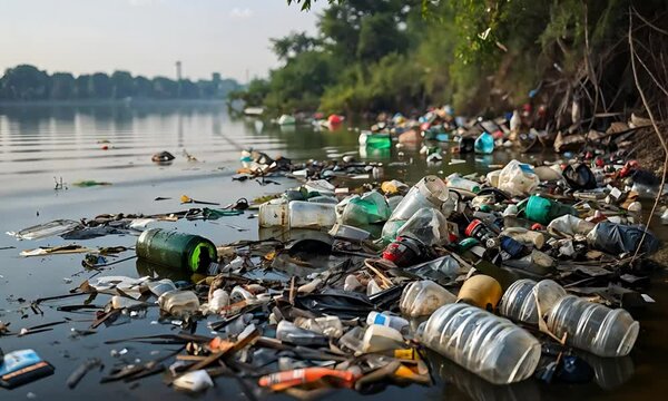 Polluted Water With Plastic Waste, Cans, and Other Litter