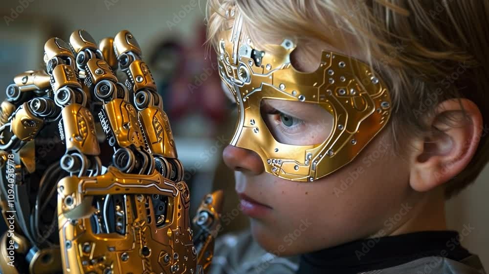 Aufkleber a young boy explores his surroundings while wearing a unique gold robotic mask and mechanical hands,