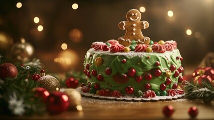 A festive green cake decorated with gingerbread and colorful ornaments for holiday celebrations.