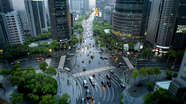 Bird's eye perspective of bustling urban crossing with pedestrian scramble. Elevated view captures systematic flow of people creating organic patterns against geometric infrastructure. 
