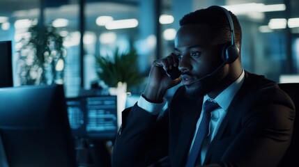 Business professional engaged in remote communication office environment digital content night setting focused perspective professionalism