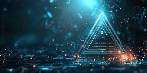 A futuristic digital landscape featuring a glowing triangular structure and data elements.
