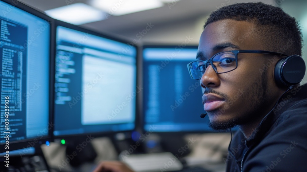 Poster tech professional working with multiple monitors in a modern office focus on coding urban environmen