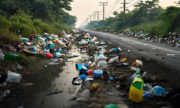 Roadside Filled With Scattered Plastic Waste, Cans, and Other Litter