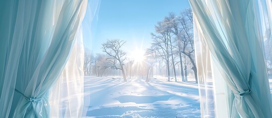 A bright winter morning view through a window with light blue curtains framing the sides and white tulle curtains open to reveal a sunny park and clear blue sky.