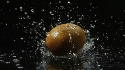 Dynamic splashing of a kiwi fruit dark studio setting food photography artistic viewpoint creative concept for visual impact