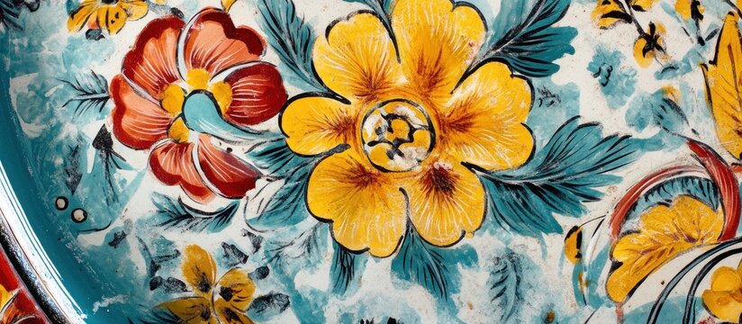 Hand-painted Italian Deruta plate, traditional folk art style, bright colors and bold patterns, vintage patina 