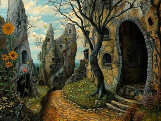 Obraz premium Enchanted Stone Buildings: A Whimsical Journey Through a Fantasy Landscape