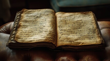 Obraz premium Antique Book Aged Pages Handwritten Text History Old Manuscript Leather Binding Grunge Vintage