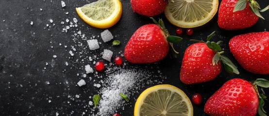 A vibrant arrangement of strawberries and lemon slices on a dark surface, suggesting freshness.