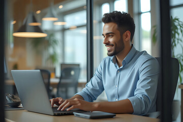 Fototapeta premium Portrait Of Smiling Middle Eastern Male Manager Working On Laptop Computer In Modern Office, Cheerful Guy Sitting At Desk And Using Pc, Looking At Screen Typing On Keyboard, Enjoying Remote Job
