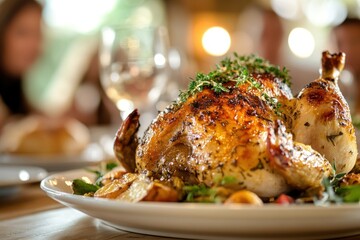 A beautifully roasted chicken garnished with herbs, served on a plate with vegetables.