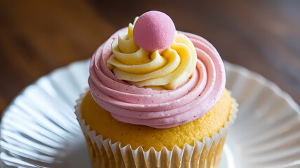 A single cupcake with a yellow and pink swirl of frosting sits on a white plate. A small pink candy sits atop the frosting. The cupcake is on a dark brown background.