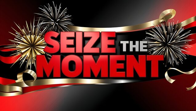 Festive "Seize the Moment" design with fireworks and ribbons.