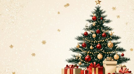 Elegant Christmas card with a green tree decorated with red and gold ornaments, presents underneath, and a cream-toned background.