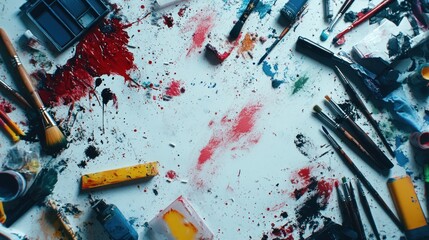 A chaotic artist's workspace filled with paint, brushes, and tools.