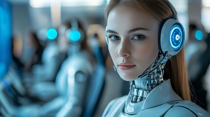 AI-Powered Customer Support, Friendly Female Robot, Futuristic Call Center With Cyborgs, Headset