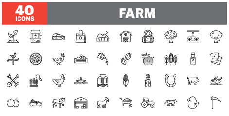 Set of 40 line icons farm. Outline icon collection. Editable stroke. Vector illustration.