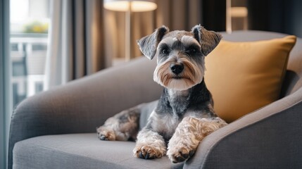 A dog resting comfortably on a sofa in a cozy indoor setting.