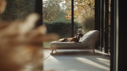 Obraz premium A serene dog lounging on a modern chaise in a sunlit room with a natural backdrop.