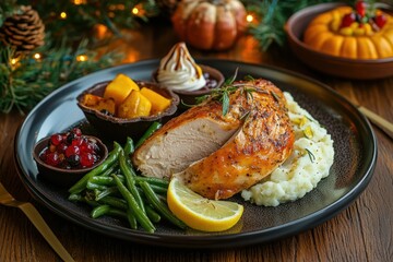 A festive plate featuring turkey, mashed potatoes, green beans, and seasonal desserts.