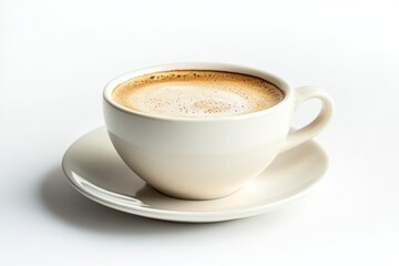 A simple white cup of coffee on a saucer, showcasing its frothy surface and inviting aroma.