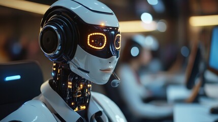 Fototapeta premium AI-Powered Customer Service Robot Agent Taking Calls in a Busy Call Center Environment