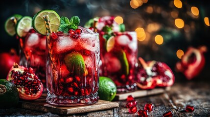 Refreshing pomegranate drinks with lime and mint garnishes, perfect for festive occasions.