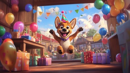 Fototapeta premium Celebrating with a joyful corgi at a birthday party colorful decor festive atmosphere playful vibe family fun