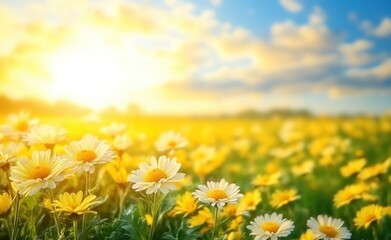 Obraz premium A vibrant field of daisies illuminated by the warm glow of the setting sun.