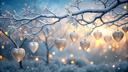Romantic Winter Wonderland Sparkling Heart Ornaments Adorn a Snow-Covered Branch at Sunset