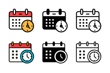 Calendar icon with clock, symbolizing important dates, reminders, and time management. Perfect for agendas, deadlines, and scheduling concepts. Clean vector style for versatile use.