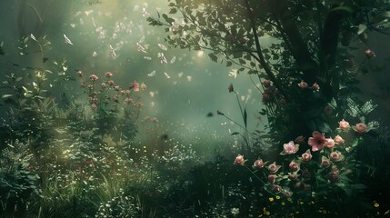 Obraz premium Enchanted Forest: Sunlit Flowers and Butterflies in a Dreamy Landscape