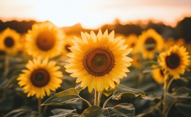 Obraz premium Sunflowers in a vibrant field at sunset.