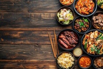 A variety of Asian dishes arranged in bowls.