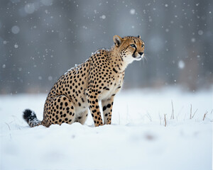 Obraz premium Majestic cheetah sitting in snowy forest during winter
