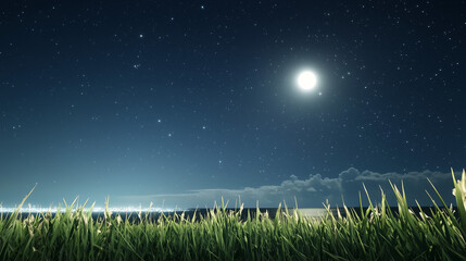 Nighttime Serenity: A breathtaking panorama of a moonlit night, with a full moon illuminating the vast, star-studded sky above a field of tall grass. The scene evokes a sense of peace and tranquility.