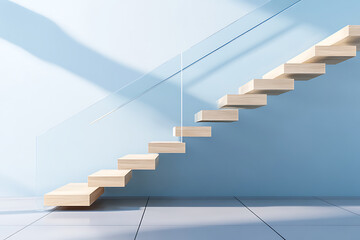 Naklejka premium Modern Minimalist Wooden Staircase with Glass Railing Against a Light Blue Wall