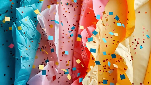 Brightly colored crumpled paper in shades of blue, pink, red, yellow, and cream is scattered with joyful confetti, enhancing a festive vibe ideal for special occasions.