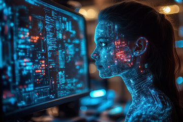 A futuristic scene depicting a woman with data visualization on her face, reminiscent of digital circuits and lighting effects