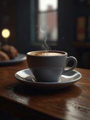 A cup of coffee sits invitingly in a cozy space.